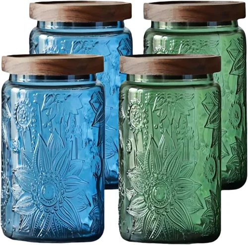 Vista 9 de ANSQU Tarro de almacenamiento de vidrio vintage de 23.7 onzas con tapa de madera maciza, recipiente de cocina de girasol para té, café, dulces