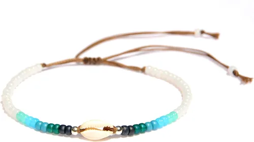 Vista 7 de Tobillera de concha para mujeres, pulsera de tobillo con cuentas de concha cowrie natural ajustable e impermeable, cuentas azul turquesa aqua
