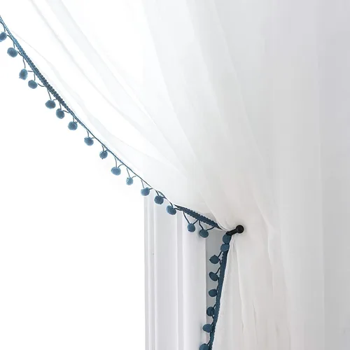 Vista 27 de MISS SELECTEX Cortinas semitransparentes con aspecto de lino y borlas de pompones - Cortinas de gasa semitransparentes con bolsillo para varilla