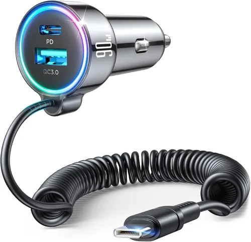 Cargador de Coche USB C 90W para iPhone 17/16 Pro Max, PD & QC3.0 con Cable Enrollado de 45W de 5 pies, Adaptador de Carga Rápida para Coche y
