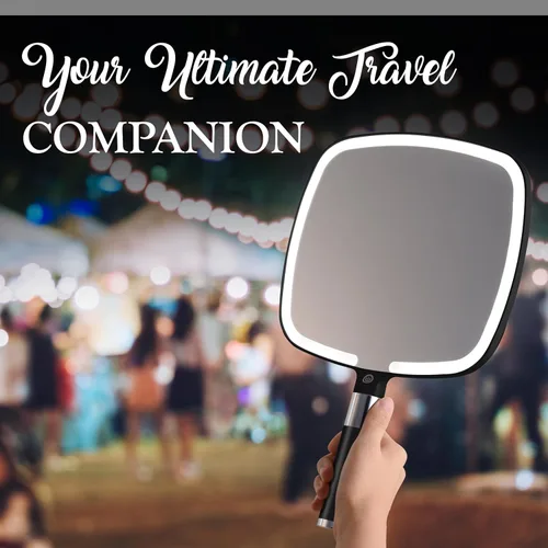 Vista 7 de MIRRORVANA Espejo de maquillaje de viaje iluminado - Espejo LED de mano y mesa 2 en 1 con 3 modos de luz, soporte desmontable y mango cómodo, 9 x 13