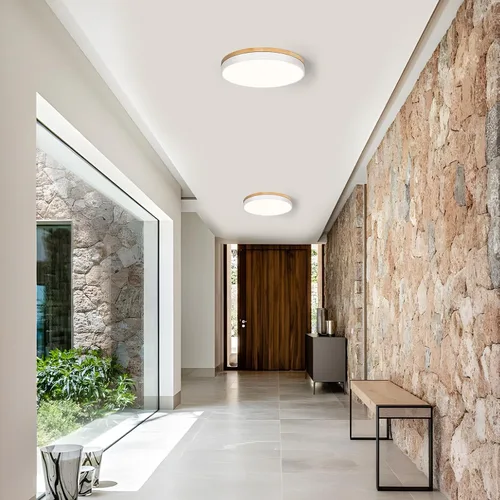 Vista 6 de Lámpara de techo moderna de madera, lámpara de techo redonda LED empotrada, lámpara de techo minimalista, accesorios de iluminación de techo blancos