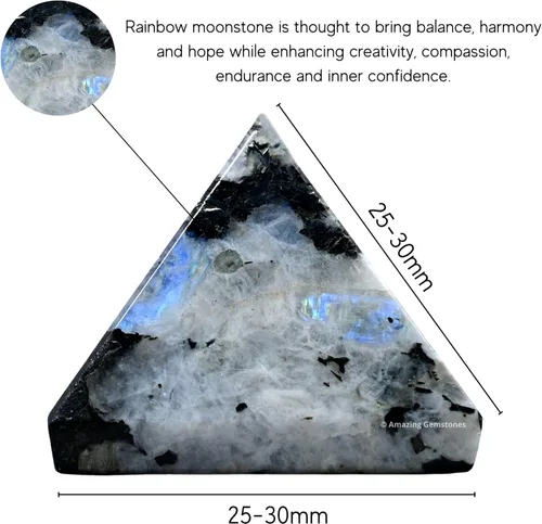 Vista 2 de Amazing Gemstone Piedras curativas de cristal de pirámide de piedra lunar arcoíris – Estatuilla de pirámide de piedra natural de 1 pulgada