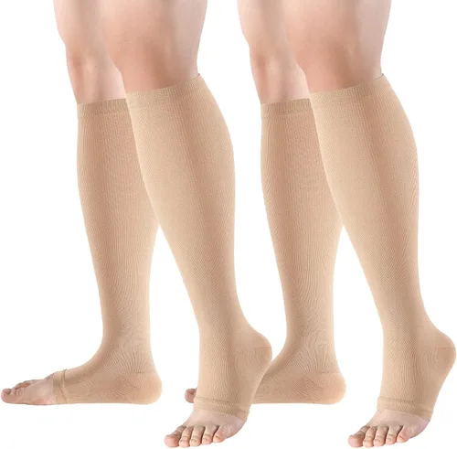 Vista 15 de bropite Calcetines de compresión sin dedos para mujeres y hombres, 2 pares de calcetines de compresión de punta abierta, soporte de 15-20mmHg