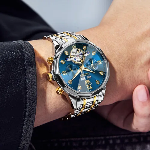 Vista 3 de OLEVS Relojes automáticos para hombre, reloj de vestir mecánico, de acero inoxidable, impermeable, cuerda automática, fecha clásica, diamantes