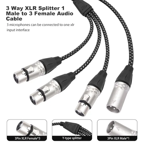 Vista 3 de Cable divisor en Y de 3 pines XLR macho a 3 hembras, divisor XLR de 3 vías, 1 macho a 3 hembras, micrófono de audio de tres entradas y una salida, 2