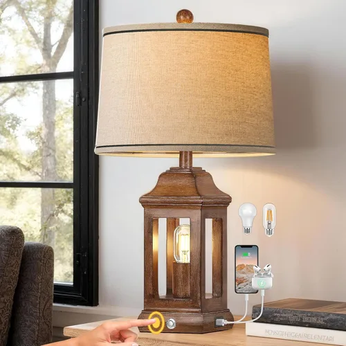 Vista 13 de Juego de 2 lámparas de mesa industriales de granja de 28 pulgadas - Lámparas rústicas de mesita de noche con puertos USB A+C duales, lámparas