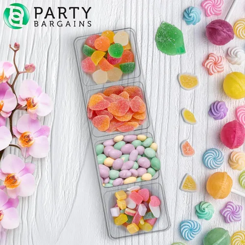 Vista 2 de Party Bargains Bandeja rectangular seccional desechable transparente (paquete de 8) de 5 x 16 pulgadas. Bandeja de plástico con 4 compartimentos