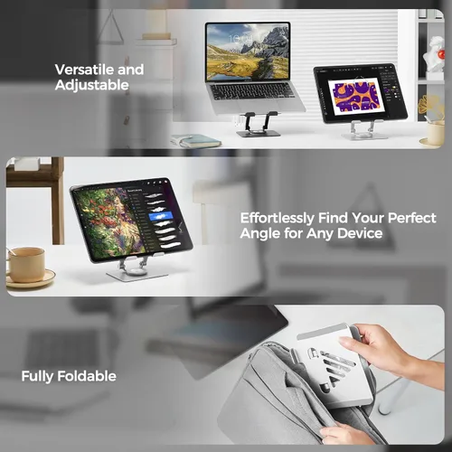 Vista 3 de Soporte para tableta para iPad para escritorio, soporte ajustable y plegable para iPad Pro, soporte para monitor portátil con base giratoria