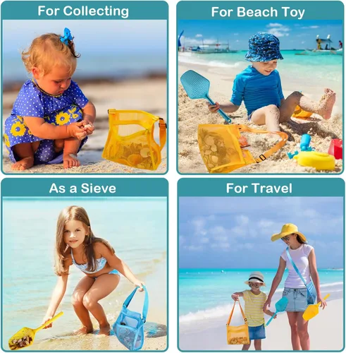 Vista 6 de MUYIZI 7 piezas de pala de malla de playa con bolsas de malla de playa, bolsas de concha de playa para sostener conchas de playa, juguetes