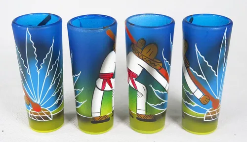 Vista 6 de Vasos de chupito mexicanos para hacer tequila, Pancho con cactus de agave azul, botella pintada a mano, 4 vasos de chupito
