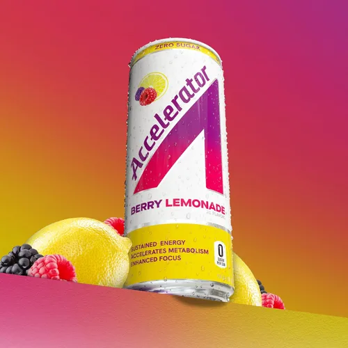 Vista 3 de Bebida energética Accelerator, limonada de bayas 12 onzas (paquete de 12), cero azúcar, energía sostenida de cafeína 100% natural