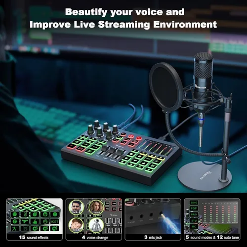 Vista 5 de Paquete de Equipo para Podcast, Micrófono de Condensador de 48V con Interfaz de Audio de Transmisión para Grabación de Podcasting, Transmisión