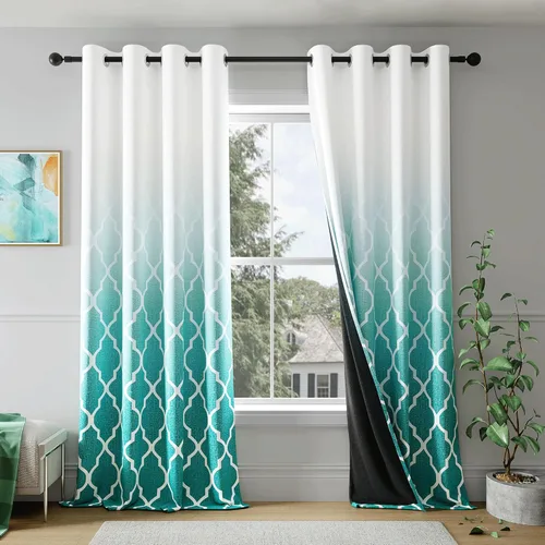 Vista 14 de Cortinas Metro Parlor Ombre 100% opacas de 72 pulgadas de largo, 2 paneles para sala de estar, dormitorio con patrón geométrico marroquí azul