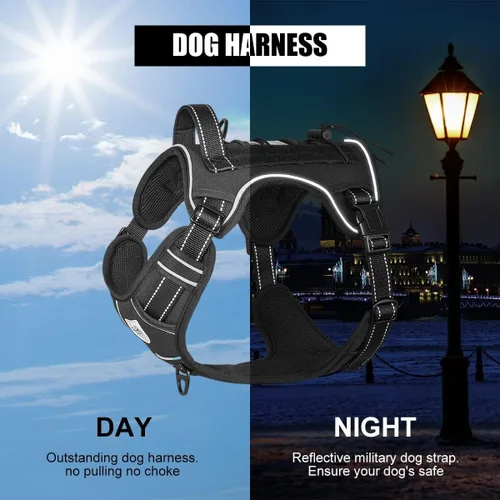 Vista 4 de CBBPET Arnés táctico para perro sin tirones, arnés militar reflectante para perro, chaleco táctico para perro con asa molle y resistente, clip