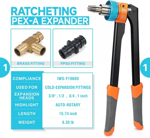 Vista 2 de iCrimp - Kit de herramientas de expansión de trinquete Pex con rotación automática PEX-a Tubing Expander, con cabezales de expansión ProPEX de 1/2