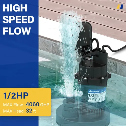 Vista 4 de Acquaer Bomba de sumidero de 1/2 HP, bomba sumergible de agua limpia/sucia de 4060 GPH con interruptor de flotador ajustable para piscina de jardín