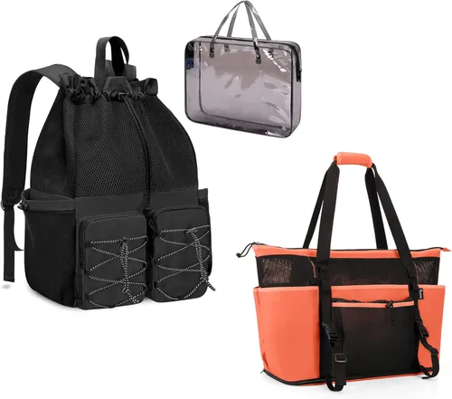 Fasrom Bolsa de playa de malla extra grande con cremallera inferior, paquete con mochila de playa de malla con bolsa impermeable y bolsillo para