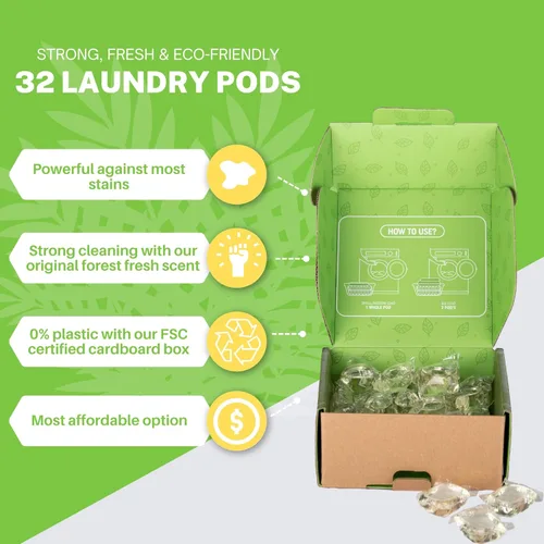 Vista 3 de Cápsulas de detergente para ropa, 32 unidades, aroma fresco, ecológico, biodegradable, compatible con HE, potente eliminación de manchas y olores