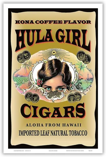 Hula Girl Brand Cigars - Kona Coffee Flavor - Aloha from Hawaii - Vintage Cigar Label by Hula Girl Store - Master Art Print (Unframed) 6in x 9in
