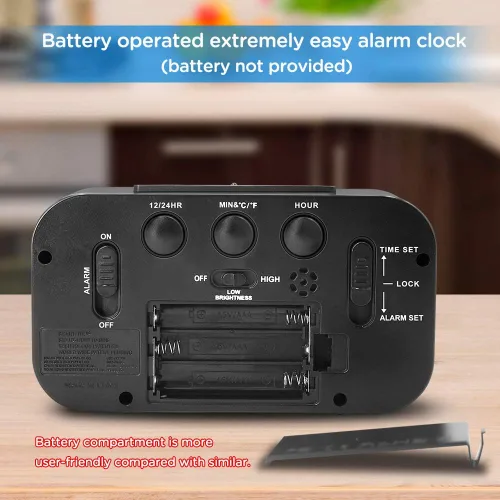 Vista 7 de Peakeep - Reloj despertador digital con luz nocturna con temperatura interior, funciona con pilas, reloj pequeño de escritorio (negro)