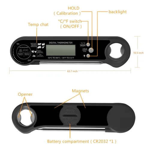 Vista 9 de Termómetro digital para carne con holgura de sonda, termómetro impermeable para asar a la parrilla, imán y abridor de botellas, lectura instantánea