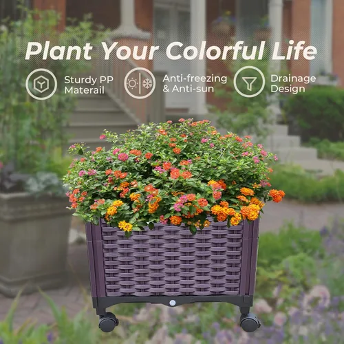 Vista 4 de Doppy Cama de jardín elevada de plástico, macetas profundas con ruedas, macetas móviles para plantas de interior y exterior, cajas de jardín