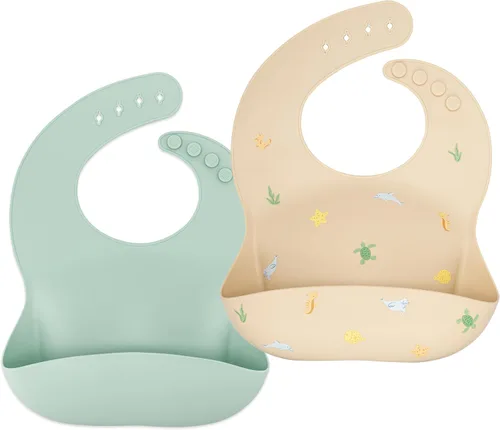 Vista 7 de AVA + OLIVER Juego de baberos de silicona - Baberos impermeables ajustables - Juego de 2