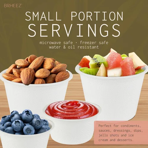 Vista 6 de brheez Paquete de 100 tazas desechables de fibra de bagazo para soufflé de 4 onzas, 100% naturales biodegradables y compostables, perfectas