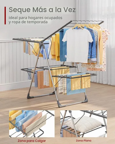 Vista 2 de Sakugi Escurridor de ropa, plegable de 2 niveles con alas ajustables en altura, para ropa y ropa de cama, estante independiente que ahorra espacio