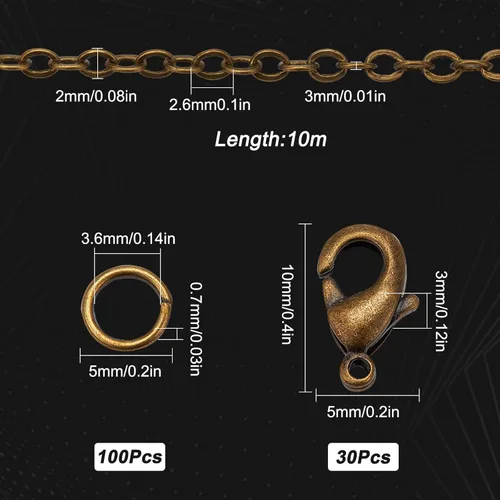 Vista 2 de SUNNYCLUE Cadena de bronce antiguo de 32.8 pies, eslabones de latón a granel, eslabones de 0.102 x 0.079 x 0.012 in, cadenas de cable para hacer