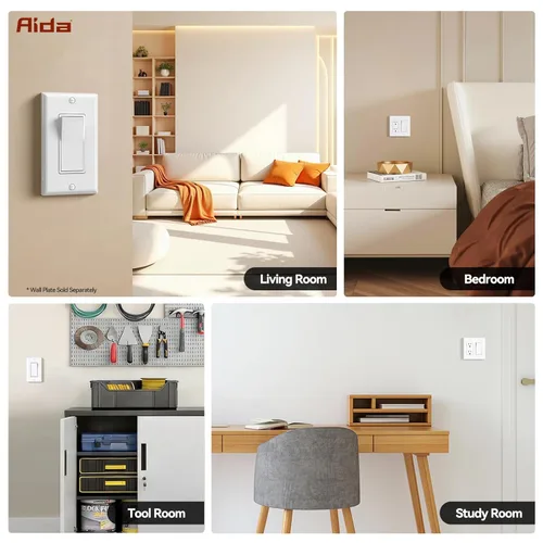 Vista 6 de AIDA Interruptor de Luz Decorativo Basculante de Un Solo Polo, Interruptores de Luz Eléctricos con Conexión a Tierra Automática de 15 Amperios