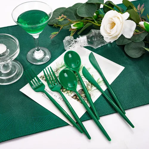 Vista 6 de Rubtlamp 180 cubiertos de plástico verde, utensilios de plástico de San Patricio resistentes, juego de cubiertos verdes desechables, cubiertos