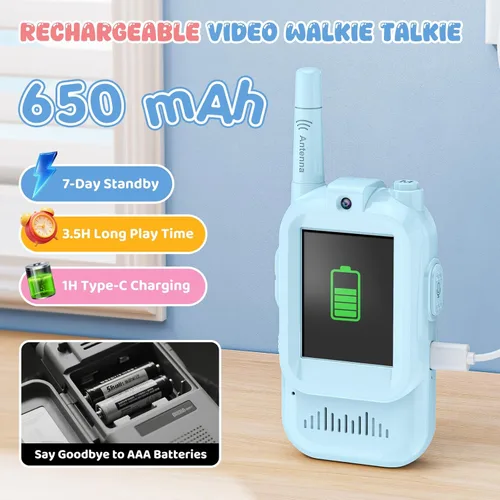 Vista 4 de Walkie Talkies de video para niños, paquete de 2 juguetes de intercomunicación de video recargables con pantalla, sonido claro, 3 modos de cambio