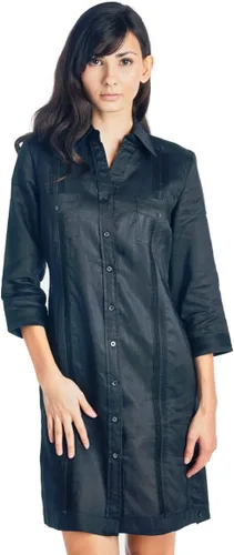 Vista 3 de Vestido Guayabera clásico 100% lino para mujer, manga 34 y botones