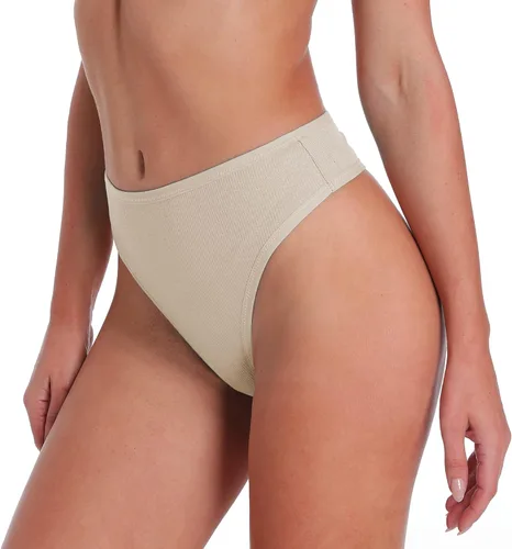 Vista 2 de Xlndsoea Womens High Waisted Ribbed Cotton Thongs Stretchy Sport Panties High Cut Breathable Underwear 6-Pack