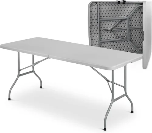 MoNiBloom Mesa plegable de 6 pies, mesas de comedor de plástico portátiles resistentes plegables por la mitad, escritorio para interiores y Gris