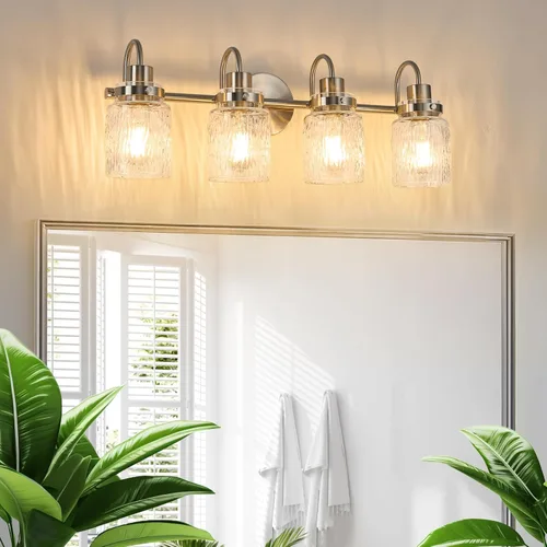 Vista 12 de 2 luces de tocador de baño, lámparas de baño de níquel cepillado con pantalla de vidrio martillado para tocador, sobre espejo, pasillo