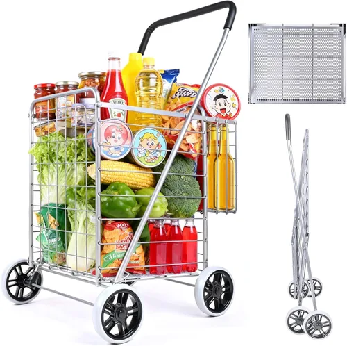 Vista 7 de Carrito de compras de comestibles – Carrito utilitario de lujo con cesta de gran tamaño e instalación sin herramientas, carrito plegable ligero