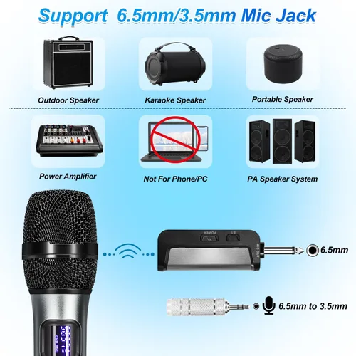 Vista 6 de Sistema de karaoke de micrófono inalámbrico con receptor Bluetooth recargable, micrófono inalámbrico dinámico de mano profesional, rango UHF de 200