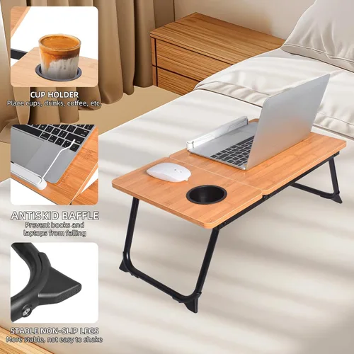 Vista 8 de Mesa de cama ajustable para laptop con soporte para libros, escritorio portátil de lectura con panel lateral, grano de madera