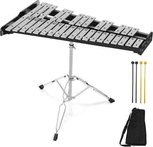 Kit de percusión de xilófono Glockenspiel de 32 notas con soporte ajustable en altura, baquetas y bolsa de transporte