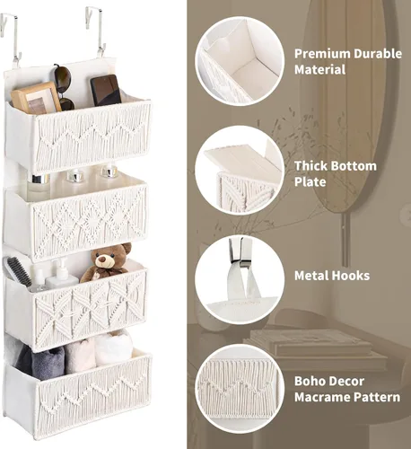 Vista 2 de janebeauties Organizador Sobre la Puerta de Macramé Boho para Cuarto de Bebé con 4 Bolsillos Grandes Tejidos, Canasta Colgante para Baño, Cuarto