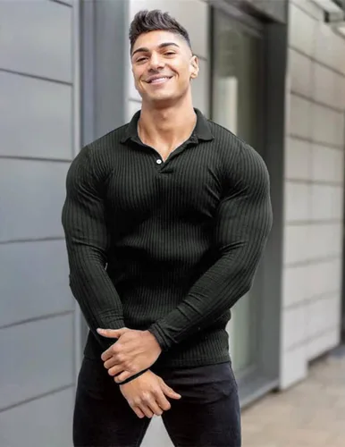 Vista 2 de COOFANDY Camisetas de punto de manga larga para hombre, estilo casual, ajustadas