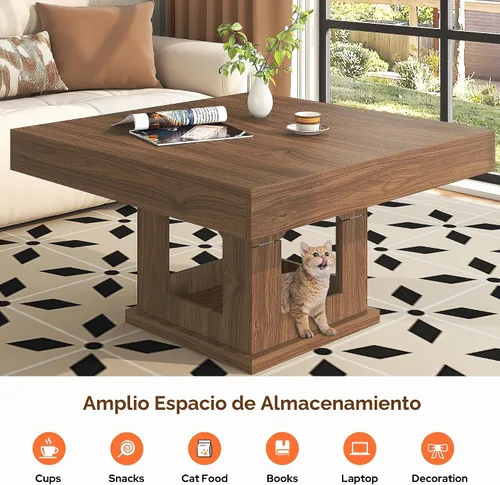 Vista 4 de [Usado] knoworld Mesa de centro cuadrada, mesa de centro de madera con almacenamiento y casa para gatos, mesa de cóctel para sala de estar, mesa