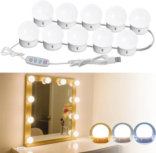 Vista 9 de Luces LED para Espejo de Tocador, Luces de Tocador para Iluminación de Espejo de Maquillaje, 10 Bombillas Regulables, Color de Luz y Brillo