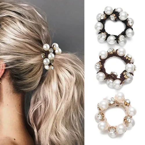 Brinie Lazos para el cabello con perlas negras, coleteros elásticos de cristal para el cabello, accesorios para el cabello de perlas para mujeres y