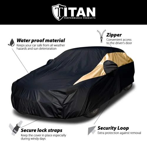 Vista 4 de Cubierta de coche Titan Jet Black Poly 210T para sedanes 186-202". Impermeable, protección UV, resistente a los rasguños, apertura con cremallera
