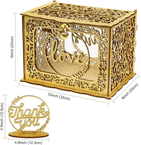 Vista 2 de OurWarm Caja de Tarjetas Dorada para Boda, Caja de Tarjetas de Boda de Madera con Purpurina con Cerradura de Corazón y Luces Decorativas, Caja