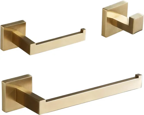 Beelee Juego de accesorios de baño de oro: juego de 3 piezas - Soporte de papel higiénico montado en la pared, anillo para toalla de mano/barra,